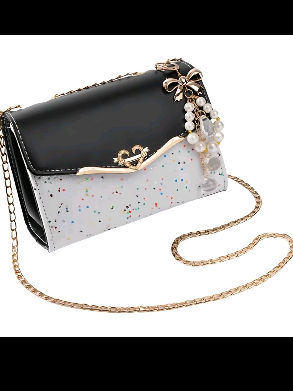 Black and White Confetti Crossbody Bag with Pearl Charm